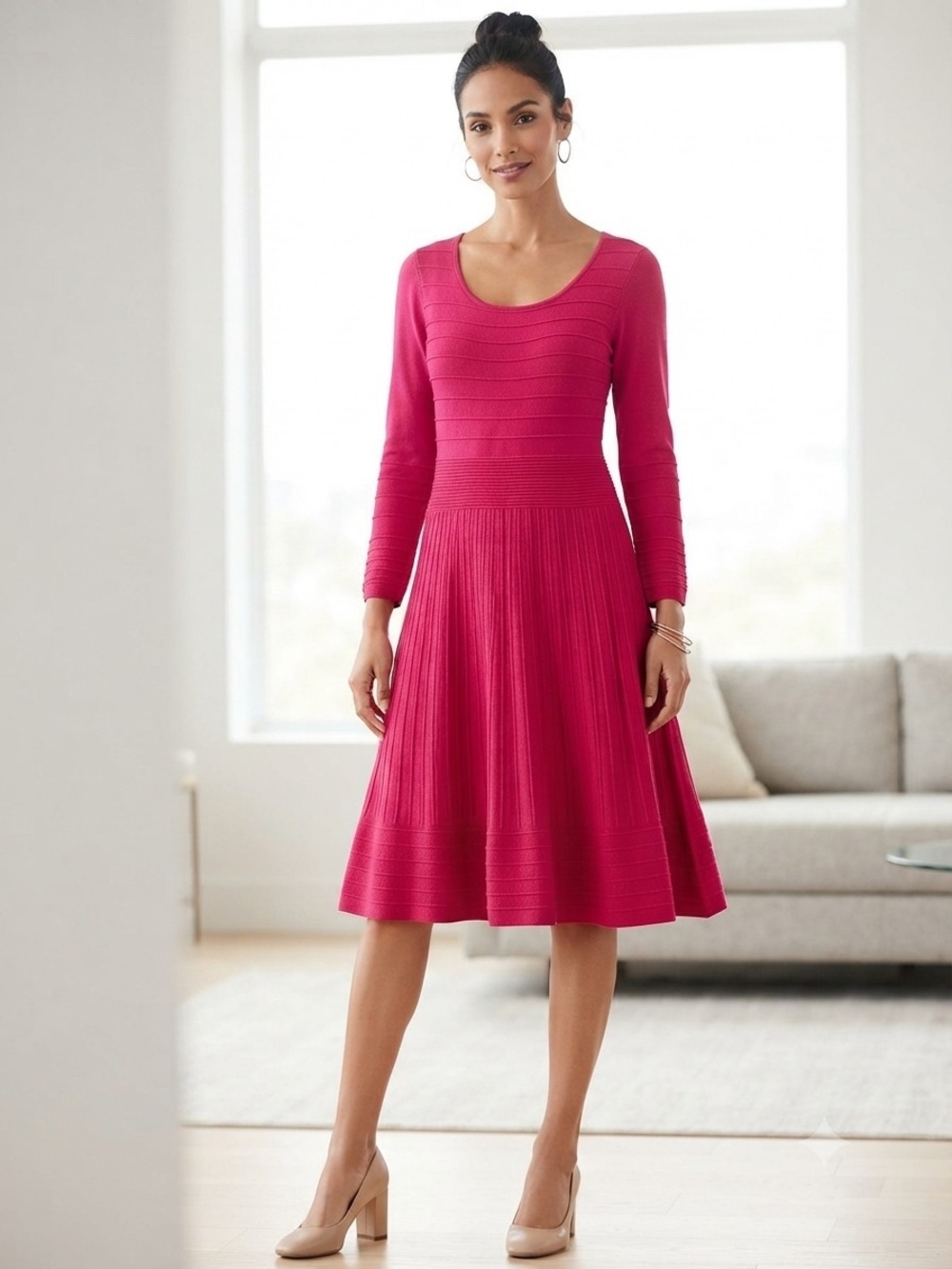INC International Concepts Pink Ribbed Knit Fit & Flare Dress Sz M